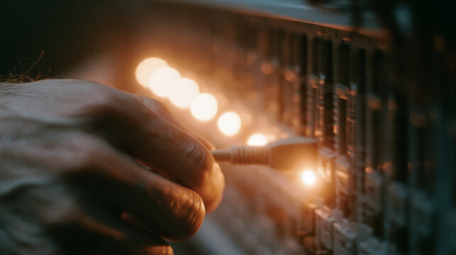 Hand plugging cable into server rack with glowing orange lights creating technology concept of connection and data transfer.
