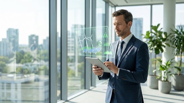 Businessman holding tablet with holographic green energy graphic of wind turbines and solar panels in modern office