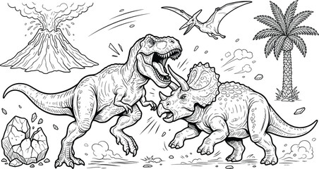Prehistoric dinosaur battle vector line art set featuring Tyrannosaurus Rex Triceratops pterodactyl erupting volcano and tropical palm tree element © MOMINA