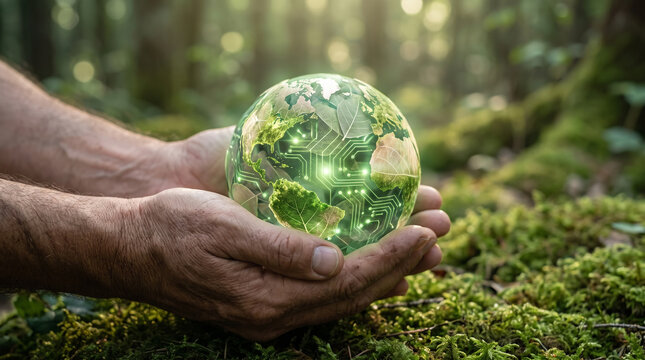 Hands holding glowing green globe with circuit board continents in mossy forest, green technology and sustainable environment concept
