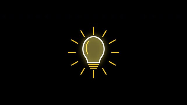 Glowing neon light bulb icon turning on and radiating rays with alpha channel