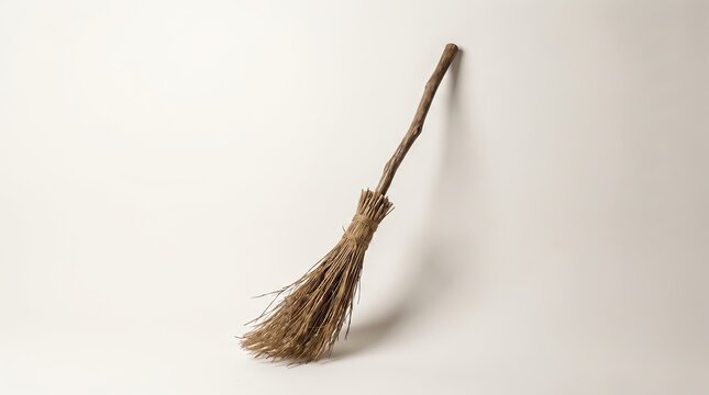 Rustic vintage wooden broom leaning against a plain light gray background