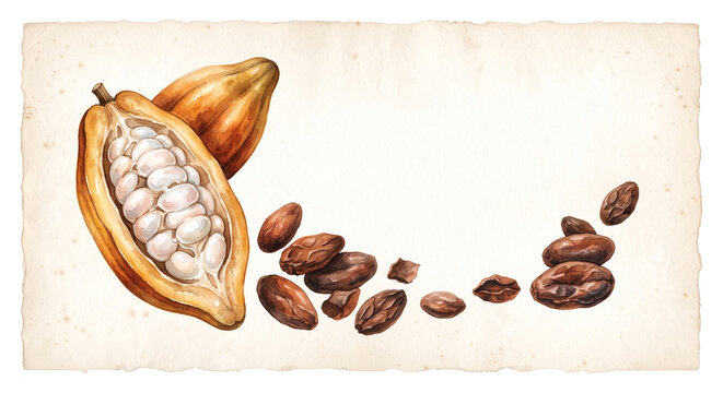 Watercolour Style Hand-Harvested Criollo Cacao Pod and Raw Beans Graphic Design Asset