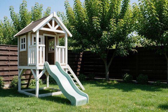 Wooden kids playhouse with light blue slide in green garden. Small backyard playground features climbing structure, miniature house. Children enjoy outdoor playtime, active lifestyle on sunny spring