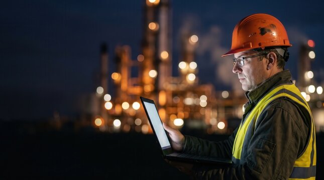 Engineer in hard hat and safety vest using laptop at night for industrial site management, capturing energy sector connectivity and digital transformation for oil and gas refinery reports.