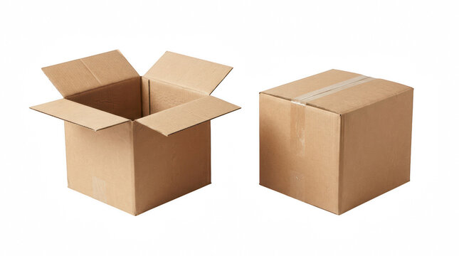 Open and closed cardboard boxes with shipping tape isolated on transparent background