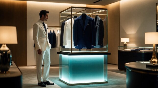 Elegant man in white suit stands in luxury boutique. Stylish male client looks at blue jackets in glass display case. High end fashion store interior with modern lighting, premium menswear