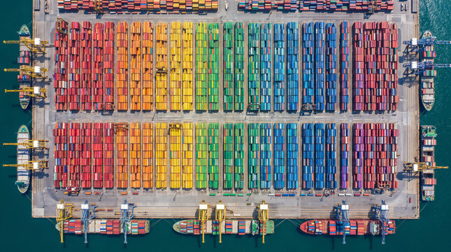 Aerial view of colorful shipping containers arranged in rainbow pattern at container terminal with cranes and cargo ships, global trade concept