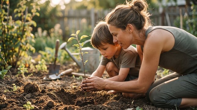 Mother guiding young son to plant a small tree sapling in garden soil, nurturing environmental responsibility and family bonding for sustainability campaigns and eco-friendly lifestyle marketing.