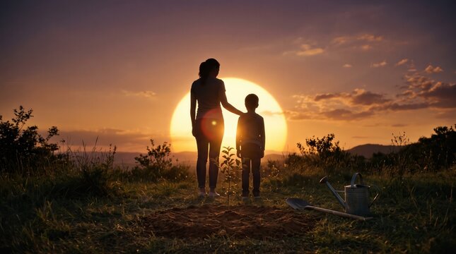 Silhouette of mother and son standing by a newly planted sapling tree during sunset, capturing environmental sustainability and hope for the future for climate change awareness and green marketing.