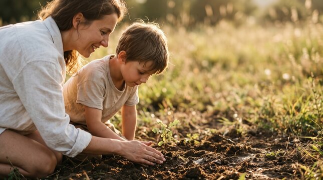 Mother and young son planting a sapling in garden soil during golden hour, capturing family bonding, environmental responsibility, and nurturing future growth for sustainability campaigns.