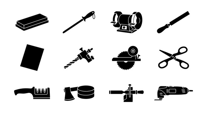 Tool Icons Set: Sharpening, Cutting, Drilling, Grinding Tools Vector Graphics
