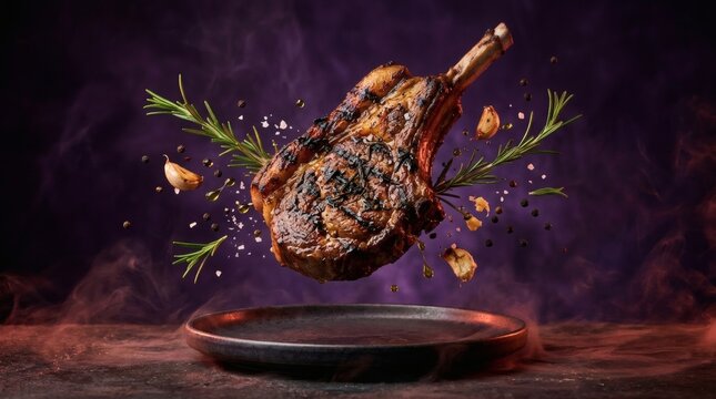 Grilled lamb chop with rosemary and garlic floating above empty dark plate for gourmet restaurant menu advertising.
