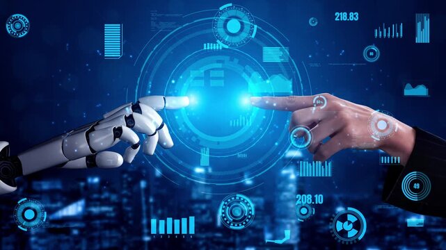 A human hand and a robotic hand reach toward each other against a blue futuristic background, representing the merging of technology and humanity in a dynamic digital world. Xenic