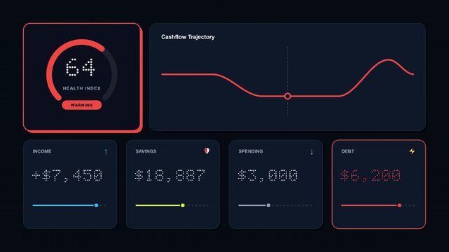 Animated user interface of a financial health dashboard featuring a bento grid layout