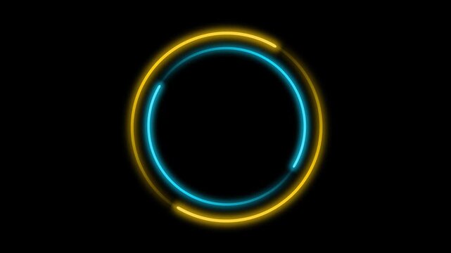 Yellow blue circular neon light loader spinning loop animation on black background