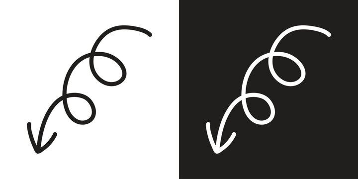 Spiral hand-drawn arrow pointer symbol in black and white styles with direction navigational illustration contrast handwritten indicator creative artistic abstract isolated