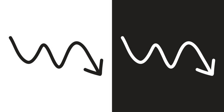 Wavy hand-drawn arrow pointer symbol in black and white styles with direction navigational illustration contrast handwritten serpentine indicator creative artistic abstract isolated