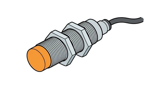 Industrial cylindrical inductive proximity sensor with threaded metal barrel and sensing face isolated on white background. Automation component and object detection hardware vector illustration