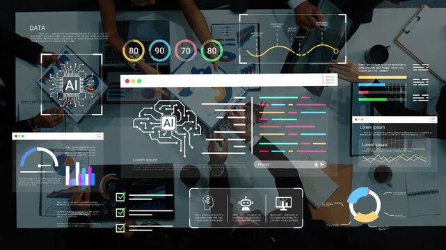 Digital Collaboration with AI Insights in Business Meeting Overhead View of Diverse Professionals Analyzing Data and Charts for Growth and Innovation Gluon.