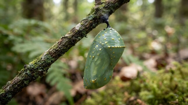 Close-up of a green monarch butterfly chrysalis with golden dots hanging from a mossy tree branch in a natural forest