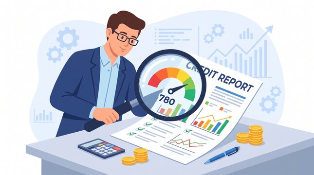 Man reviewing credit report with score gauge