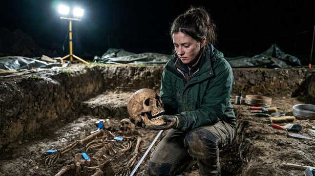 Archaeologist examines human skull at excavation site at night historical discovery scientific research