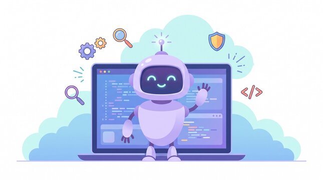 Friendly robot coding on laptop with tech icons