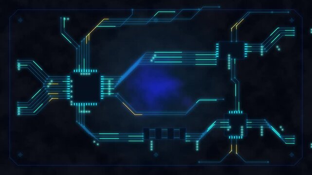 Futuristic HUD circuit board interface animation loop with glowing blue technology elements and digital data flow