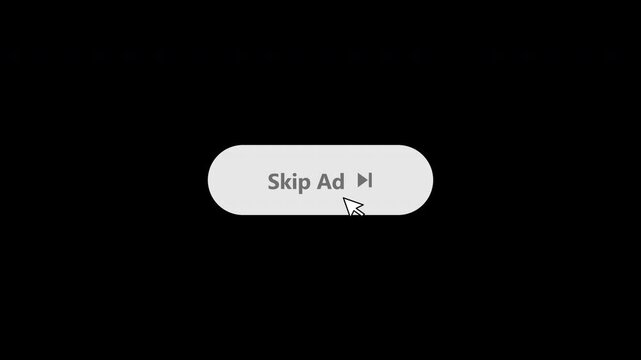 Skip ad button icons with mouse cursor click animation on transparent background