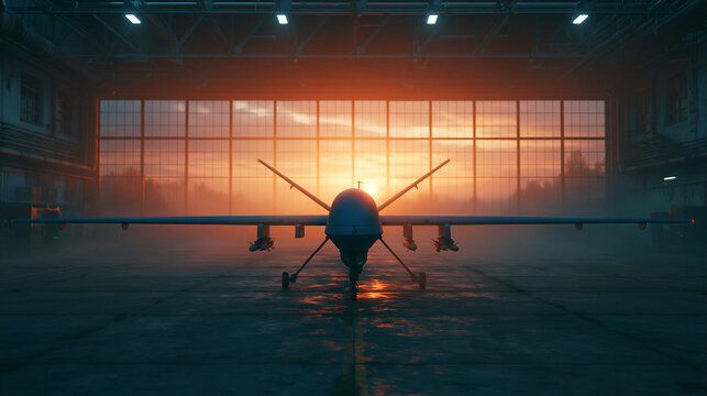 Military drone aircraft parked inside hangar at sunset with dramatic orange sky and atmospheric lighting ready for action.