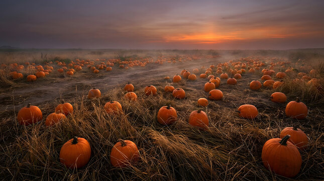 Misty pumpkin patch field at sunset during autumn harvest season