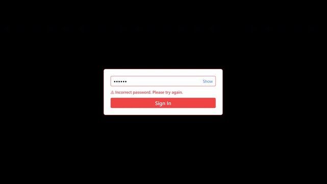 Typing incorrect password into login box with error alert on transparent background