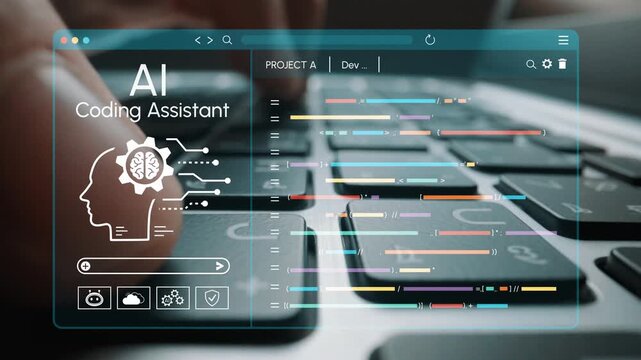 Advanced AI Coding Assistant Interface with Colorful Code Display and Digital User Interaction on a Modern Laptop Keyboard. Entropy.