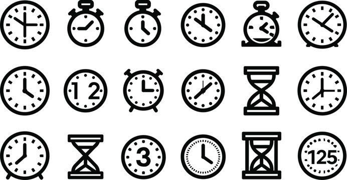 Clock vector icon set displaying various timepieces