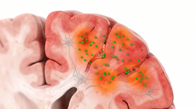 Detailed medical illustration showing human brain cortex tissue with inflammation and green microglial cells