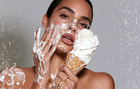 European pretty woman with glowing skin fresh radiant shiny face holding covered in moisturiser serum, face ice whipped cream, for beauty food skincare ad. copy text space