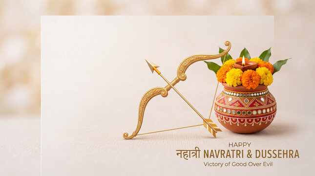 Happy Navratri and Dussehra horizontal greeting card template featuring a golden bow and arrow next to a decorative kalash pot with marigold flowers and a burning diya on a clean beige background with