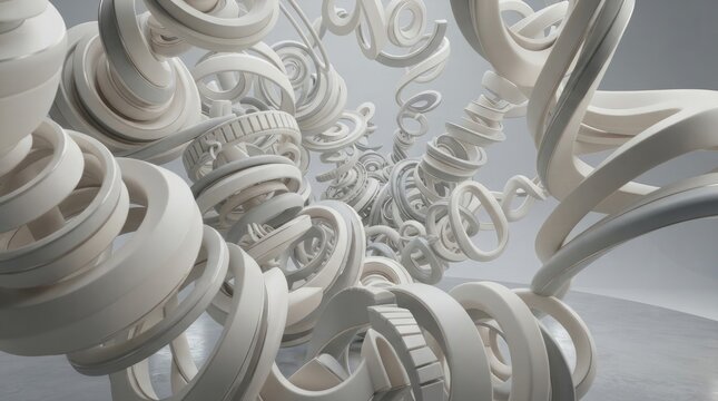Intricate cluster of white circular rings and spiral shapes creating a complex tunnel-like structure in a bright minimalist interior space