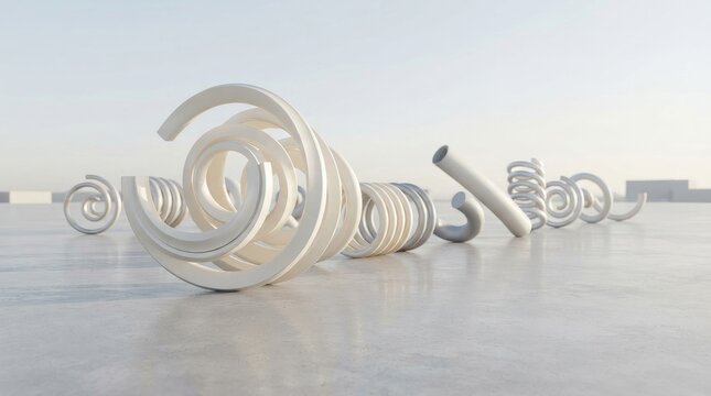 White spiral and helical shapes floating on a smooth concrete floor in a minimalist outdoor environment under a clear bright sky background