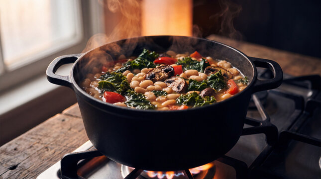A hearty, steaming pot of bean and vegetable stew with mushrooms and kale simmering on a gas stove in a cozy rustic kitchen.