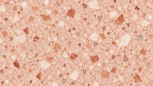 Seamless pink terrazzo tile pattern background featuring polished marble chips and aggregate stone texture for modern interior design and architecture projects.