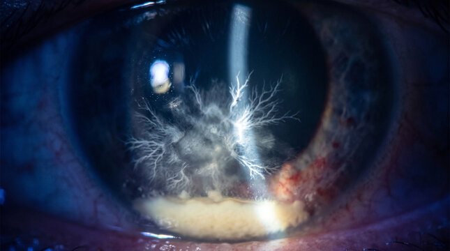 Close up extreme macro medical photograph showing severe human eye fungal infection and corneal ulcer