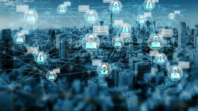 Abstract digital communication network over city skyline with user icons and chat bubbles representing social connections and online interactions Sigmoid