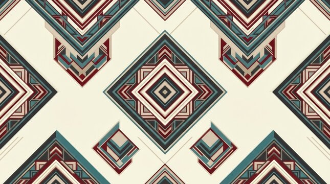 Seamless geometric pattern featuring large diamond shapes with layered angular borders in dark blue, red, and beige on a light cream background