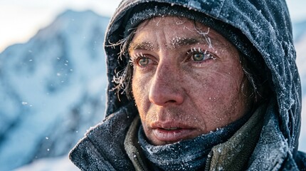 Fototapeta premium Exhausted Mountain Climber with Frosted Face at High Altitude