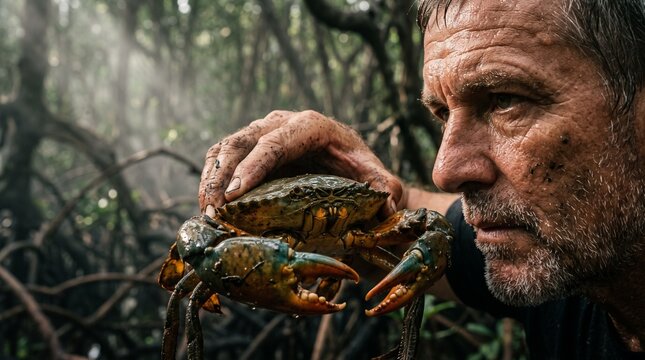 Experienced Man Holding Live Mud Crab in Mangrove Swamp