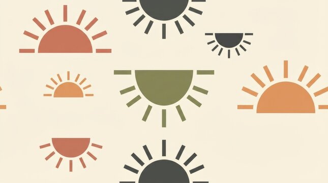 Seamless pattern featuring stylized sun and semi-circles in muted terracotta, sage green, and dark gray on a light cream colored background