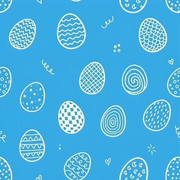Repeating background, texture with hand, drawn easter eggs, on a bright, blue surface for, spring holiday gift, wrapping paper