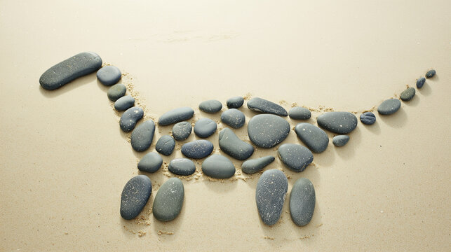 Silhouette of a plesiosaur crafted with gray river pebbles atop a sand shore